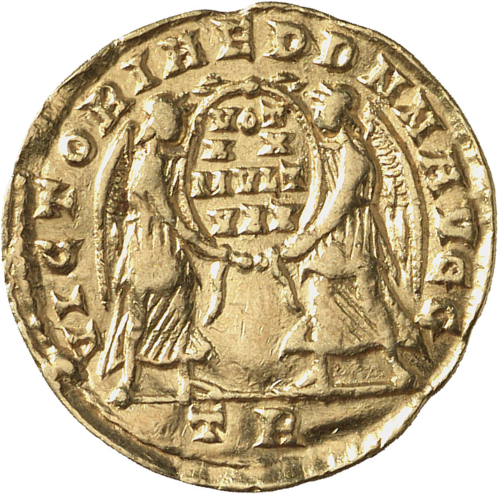 RIC VIII Treveri 128 Constans reverse, Two Victories, winged, draped, facing each other, holding between them a wreath ins...