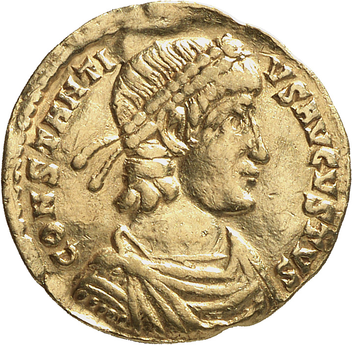 RIC VIII Treveri 128 Constans obverse, Bust of Constantius II, laureate, rosette-diademed, draped, cuirassed, right, withi...