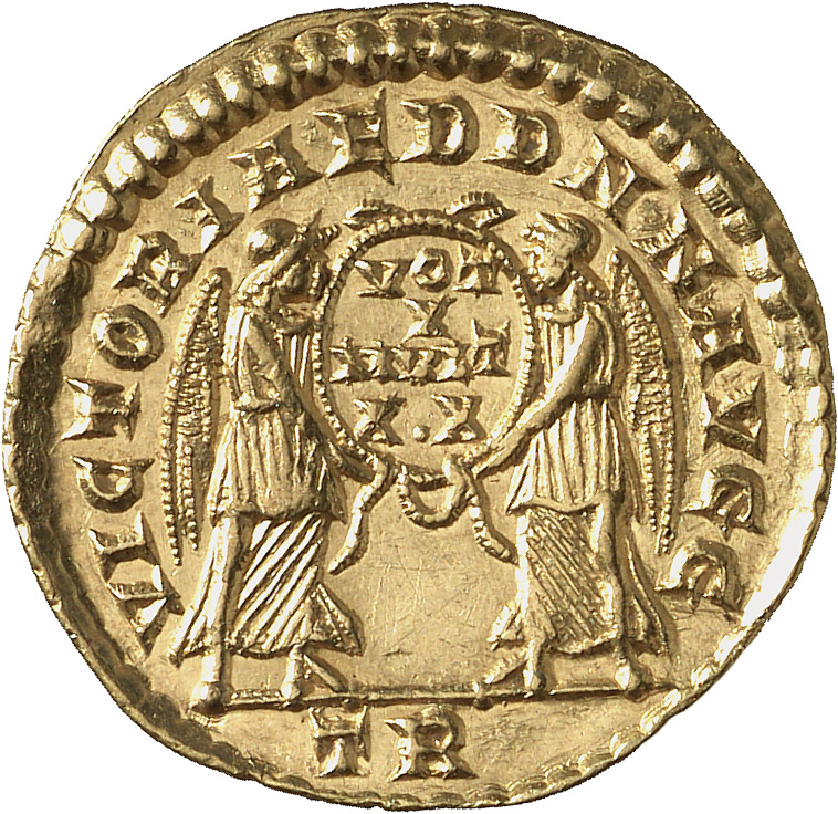 RIC VIII Treveri 129 Constans reverse, Two Victories, winged, draped, facing each other, holding between them a wreath ins...