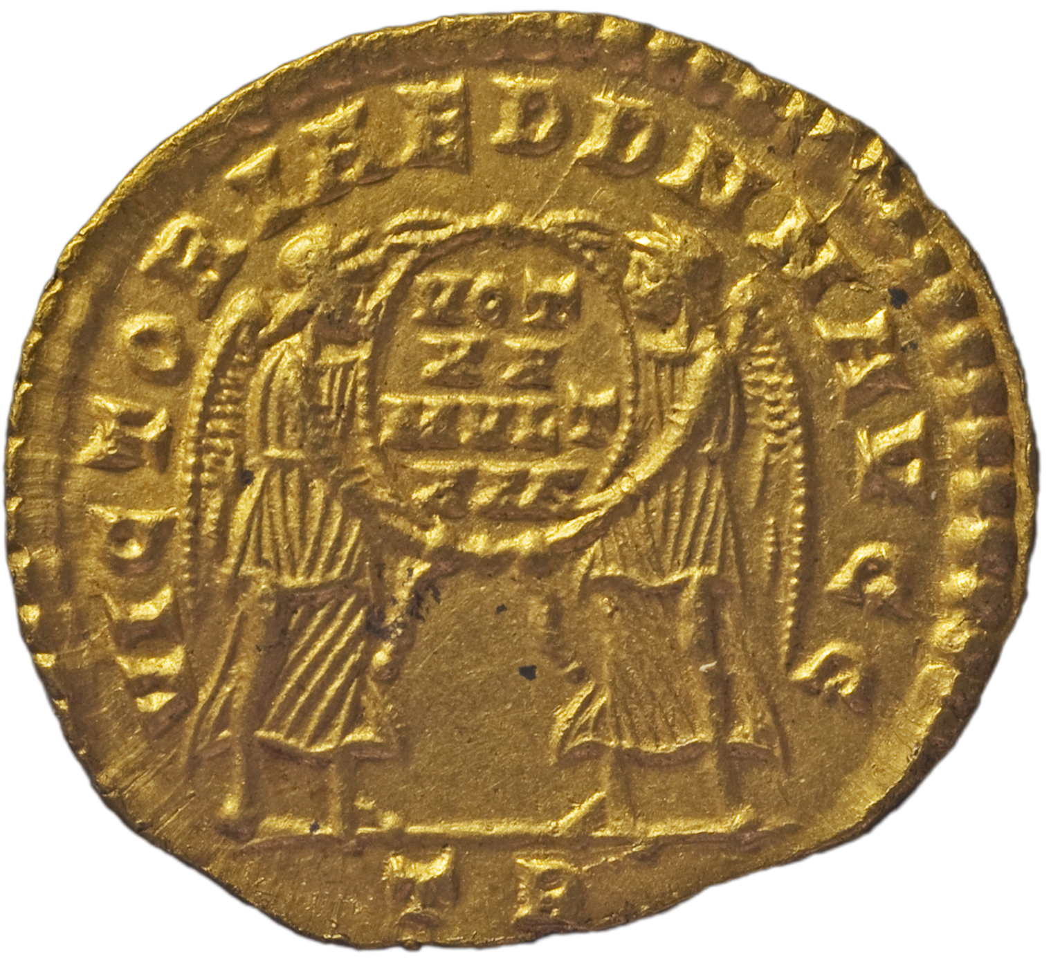 RIC VIII Treveri 132 Constans reverse, Two Victories, winged, draped, facing each other, holding between them a wreath ins...