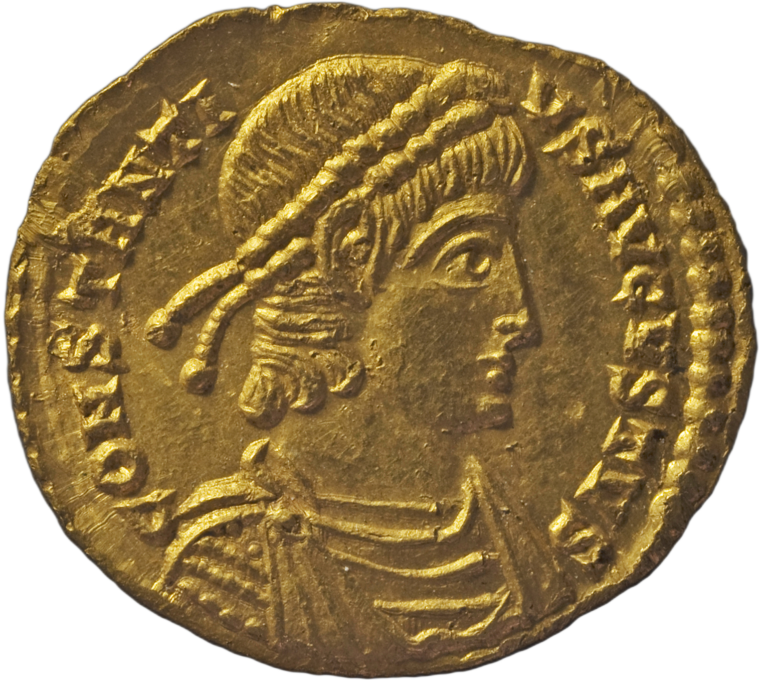 RIC VIII Treveri 132 Constans obverse, Bust of Constantius II, pearl-diademed, draped, cuirassed, right
