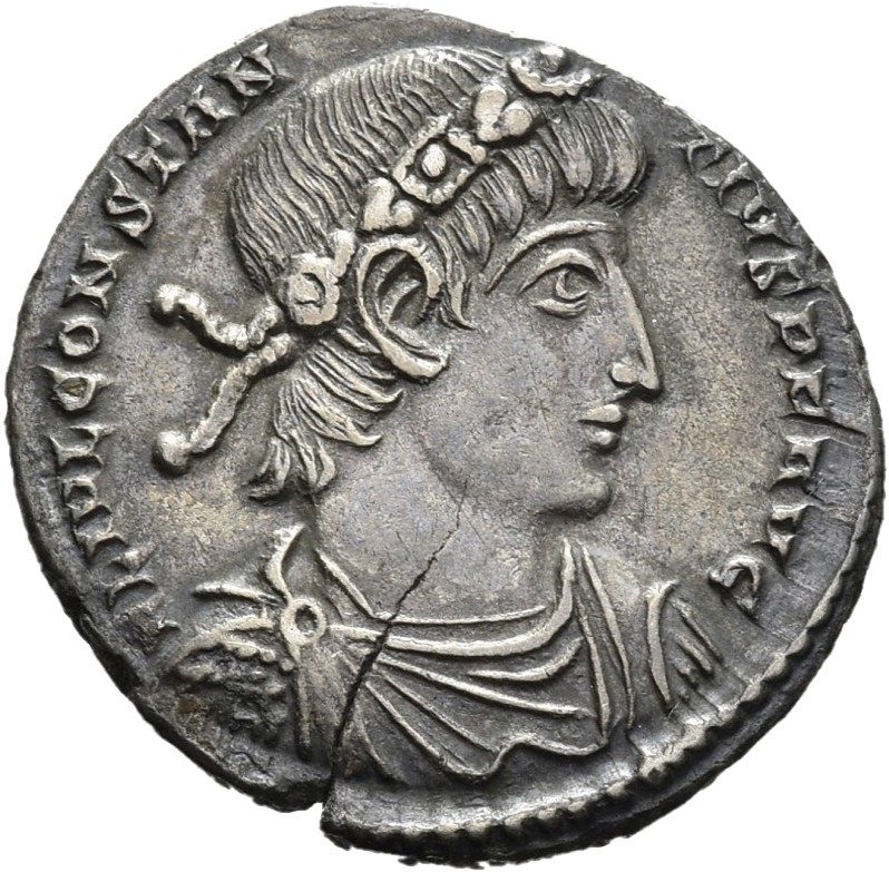 RIC VIII Treveri 153 Constans obverse, Bust of Constantius II, laureate, rosette-diademed, draped, cuirassed, right