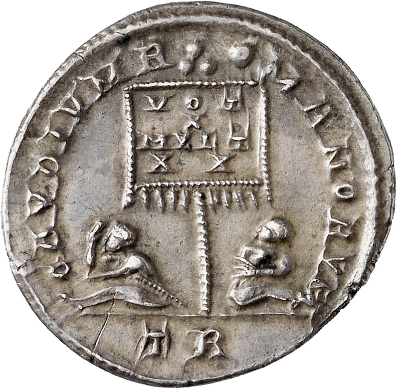 RIC VIII Treveri 159 Constans reverse, Standard, banner inscribed VOT/X/MVLT/XX, flanked by two bareheaded seated captives
