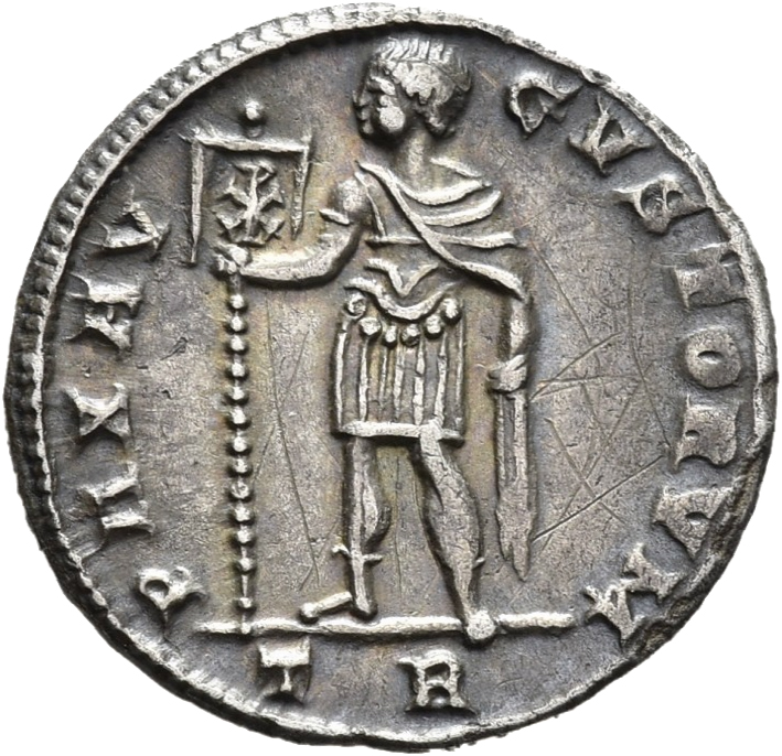 RIC VIII Treveri 162 Constans reverse, Constantius II, draped, cuirassed, standing left, holding standard with Chi-Rho on ...