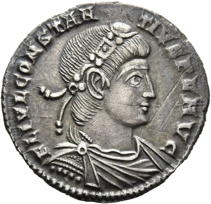 RIC VIII Treveri 162 Constans obverse, Bust of Constantius II, rosette-diademed, draped, cuirassed, right