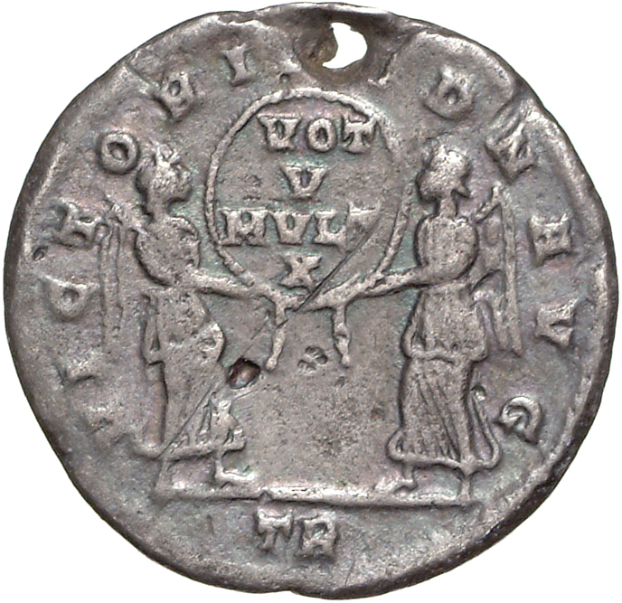 RIC VIII Treveri 165 Constans reverse, Two Victories, winged, draped, facing each other, holding between them a wreath ins...