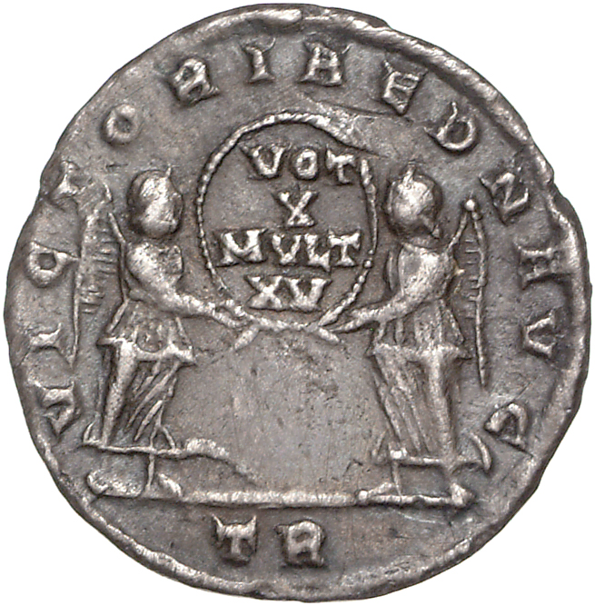 RIC VIII Treveri 167 Constans reverse, Two Victories, winged, draped, facing each other, holding between them a wreath ins...