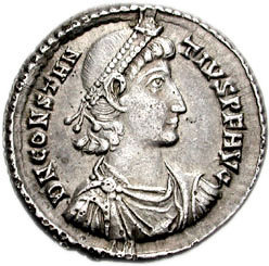 RIC VIII Treveri 17 Constantine II obverse — Bust of Constantius II, laureate, draped, cuirassed, right