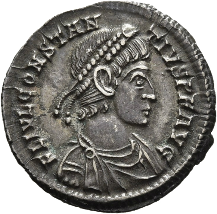 RIC VIII Treveri 175 Constans obverse, Bust of Constantius II, pearl-diademed, draped, cuirassed, right