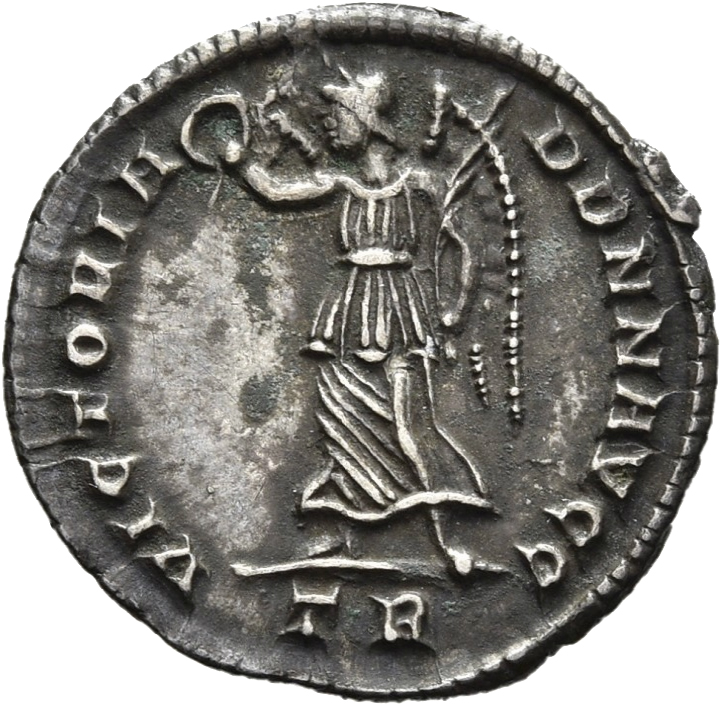 RIC VIII Treveri 175 Constans reverse, Victory, winged, draped, walking left, holding wreath in right hand and palm in lef...