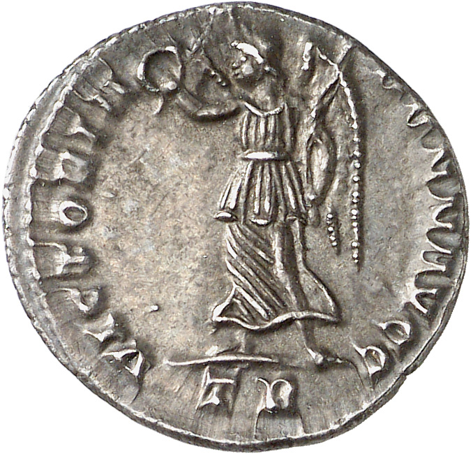 RIC VIII Treveri 176 Constans reverse, Victory, winged, draped, walking left, holding wreath in right hand and palm in lef...