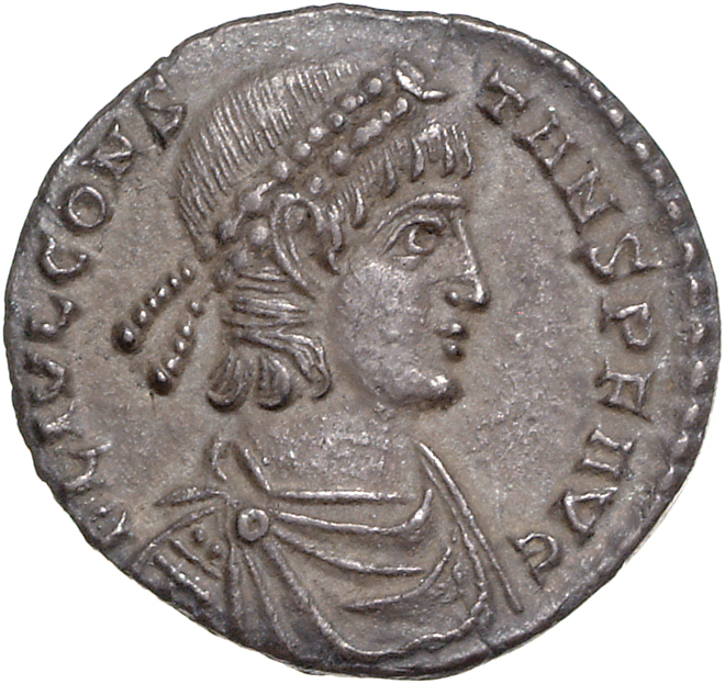 RIC VIII Treveri 176 Constans obverse, Bust of Constans, pearl-diademed, draped, cuirassed, right