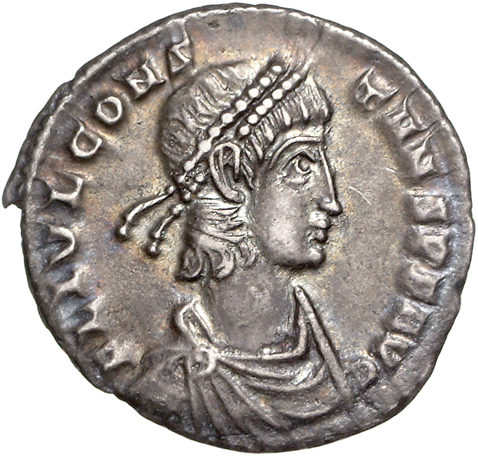 RIC VIII Treveri 176 Constans obverse — Bust of Constans, pearl-diademed, draped, cuirassed, right