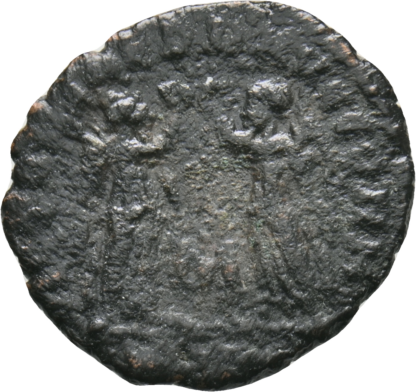 RIC VIII Treveri 181 Constans reverse, Two Victories, winged, draped, standing front, facing each other, each holding wrea...