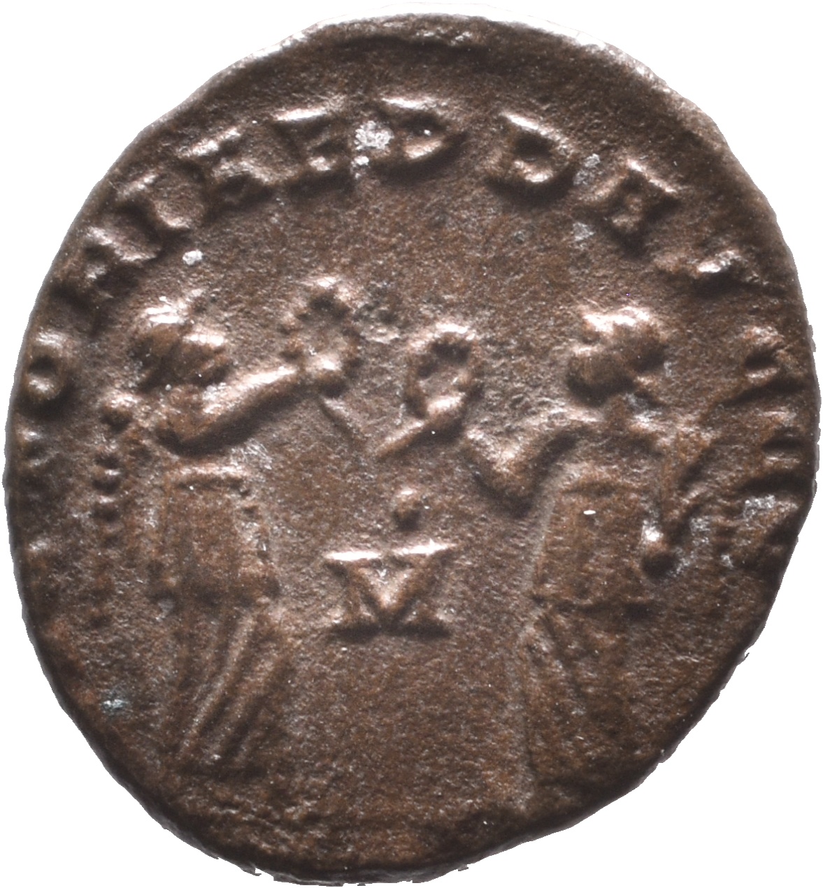 RIC VIII Treveri 182 Constans reverse, Two Victories, winged, draped, standing front, facing each other, each holding wrea...