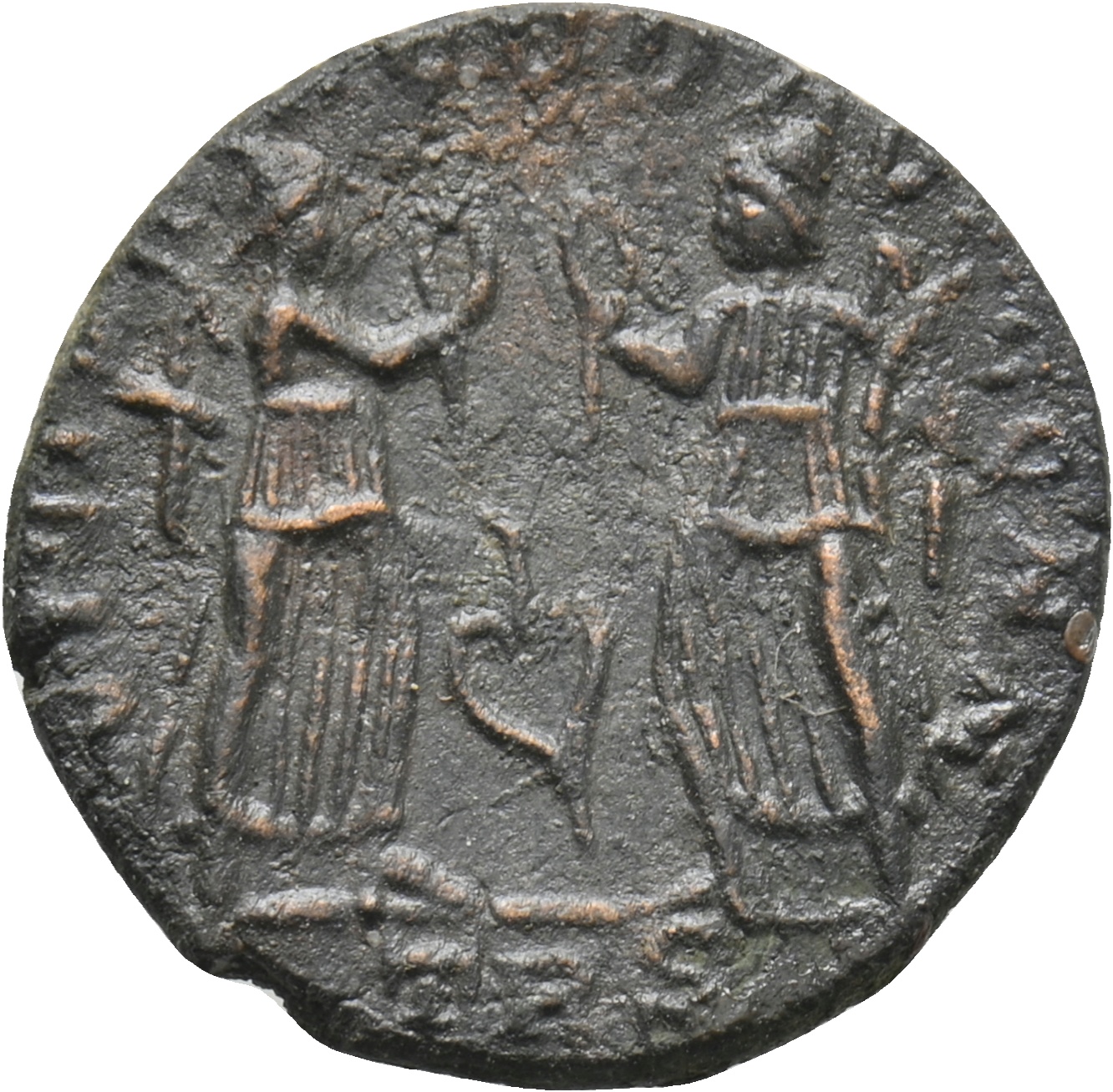 RIC VIII Treveri 185 Constans reverse, Two Victories, winged, draped, standing front, facing each other, each holding wrea...