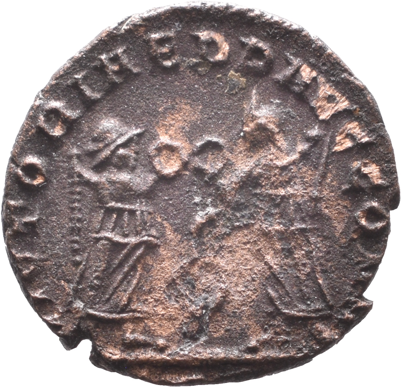 RIC VIII Treveri 185 Constans reverse, Two Victories, winged, draped, standing front, facing each other, each holding wrea...