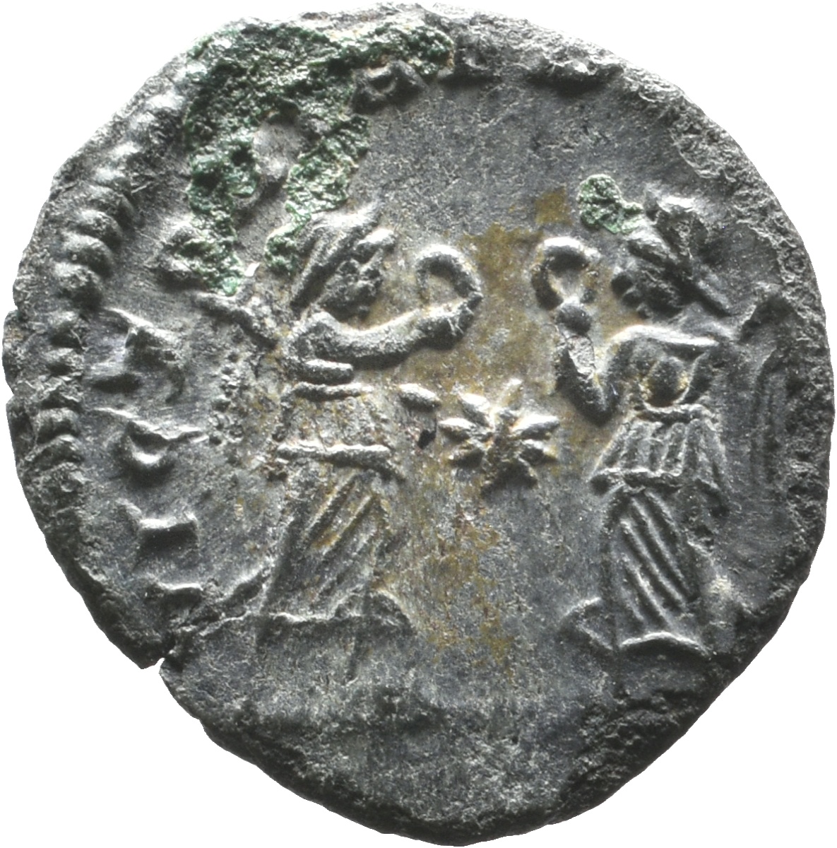 RIC VIII Treveri 187 Constans reverse, Two Victories, winged, draped, standing front, facing each other, each holding wrea...