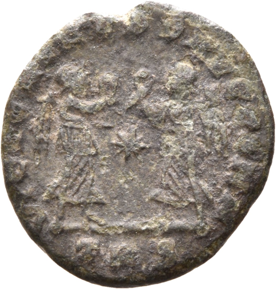 RIC VIII Treveri 189 Constans reverse, Two Victories, winged, draped, standing front, facing each other, each holding wrea...