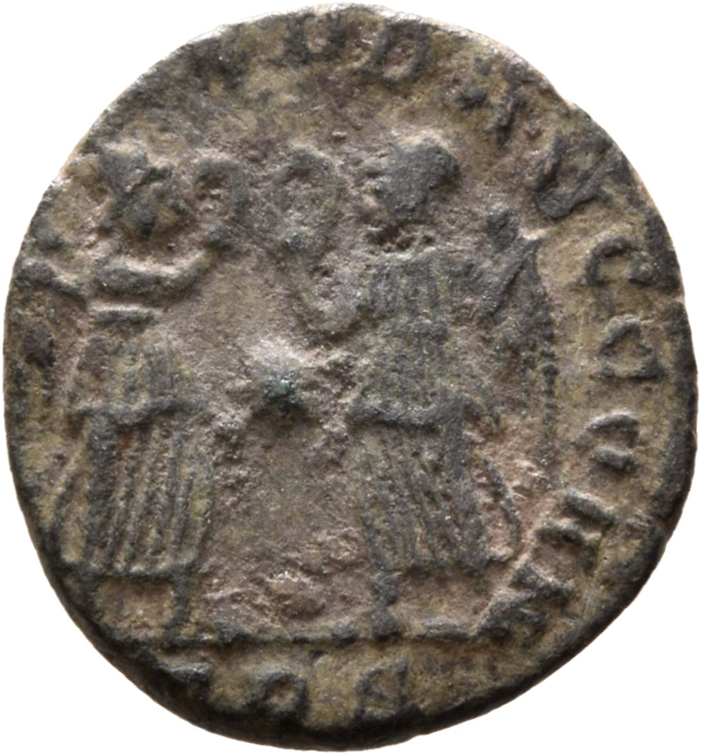 RIC VIII Treveri 189 Constans reverse, Two Victories, winged, draped, standing front, facing each other, each holding wrea...