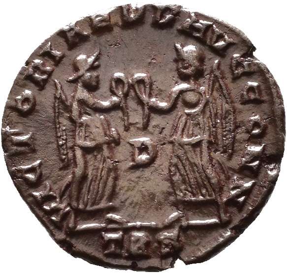 RIC VIII Treveri 195 Constans reverse, Two Victories, winged, draped, standing front, facing each other, each holding wrea...