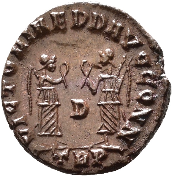RIC VIII Treveri 196 Constans reverse, Two Victories, winged, draped, standing front, facing each other, each holding wrea...