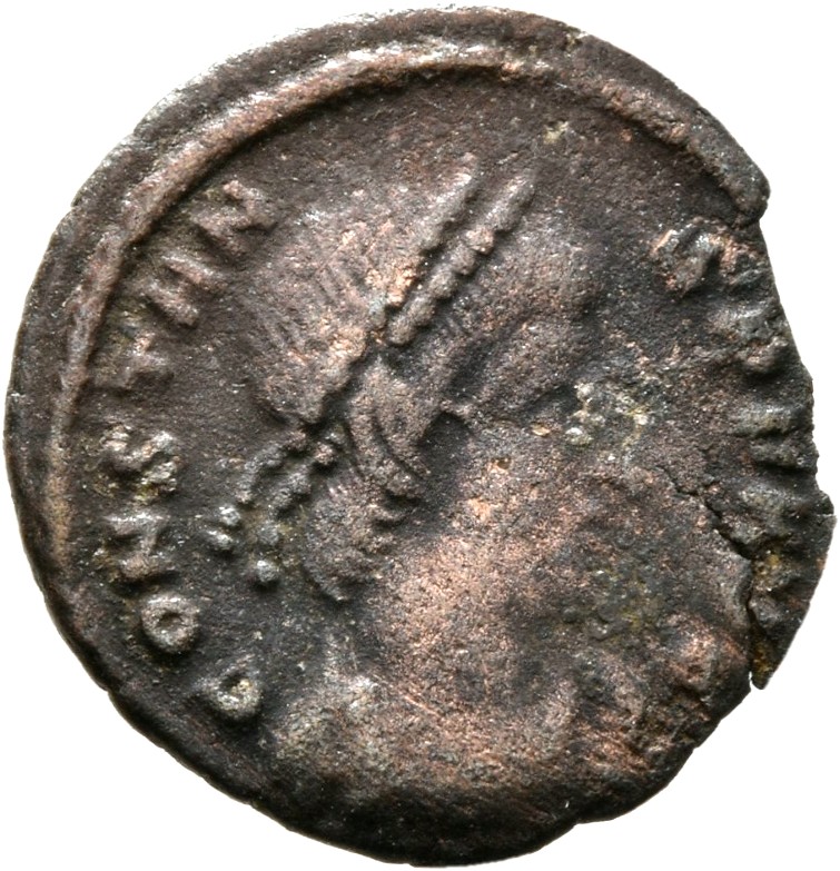 RIC VIII Treveri 196 Constans obverse, Bust of Constans, pearl-diademed, draped, cuirassed, right