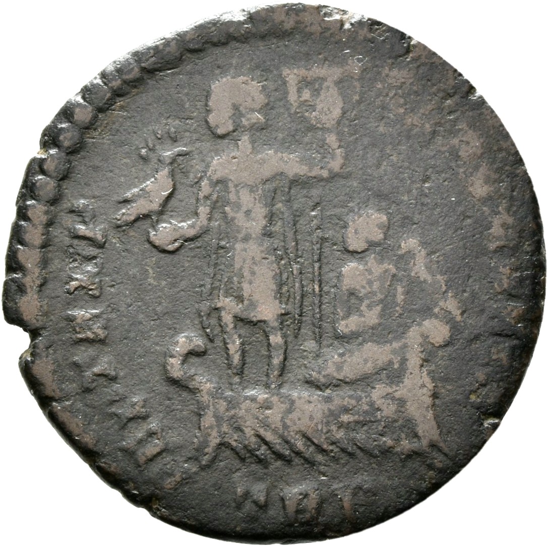 RIC VIII Treveri 212 Constans reverse, Constantius II, draped, cuirassed, standing left on galley, holding phoenix on glob...