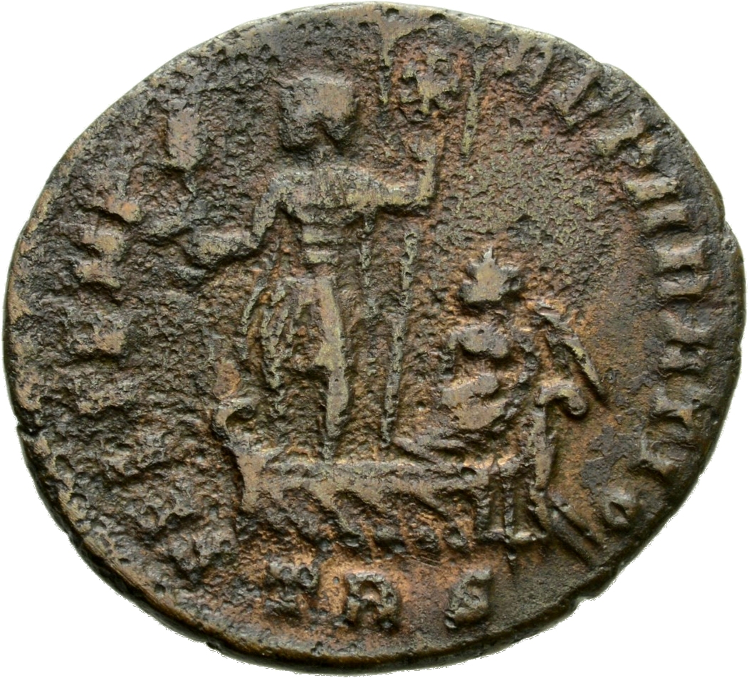 RIC VIII Treveri 214 Constans reverse, Constantius II, draped, cuirassed, standing left on galley, holding phoenix on glob...