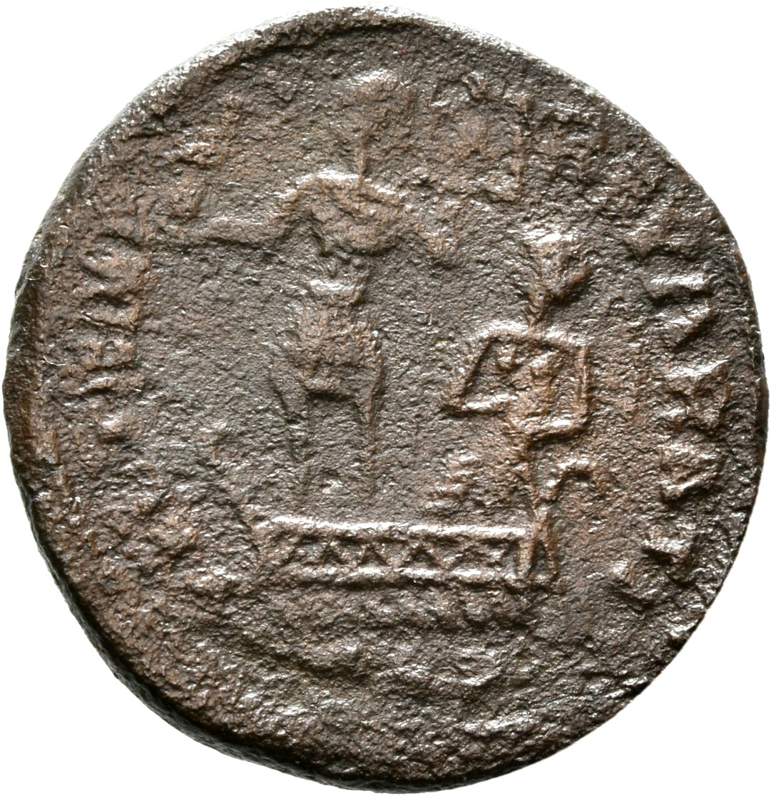 RIC VIII Treveri 215 Constans reverse, Constantius II, draped, cuirassed, standing left on galley, holding phoenix on glob...