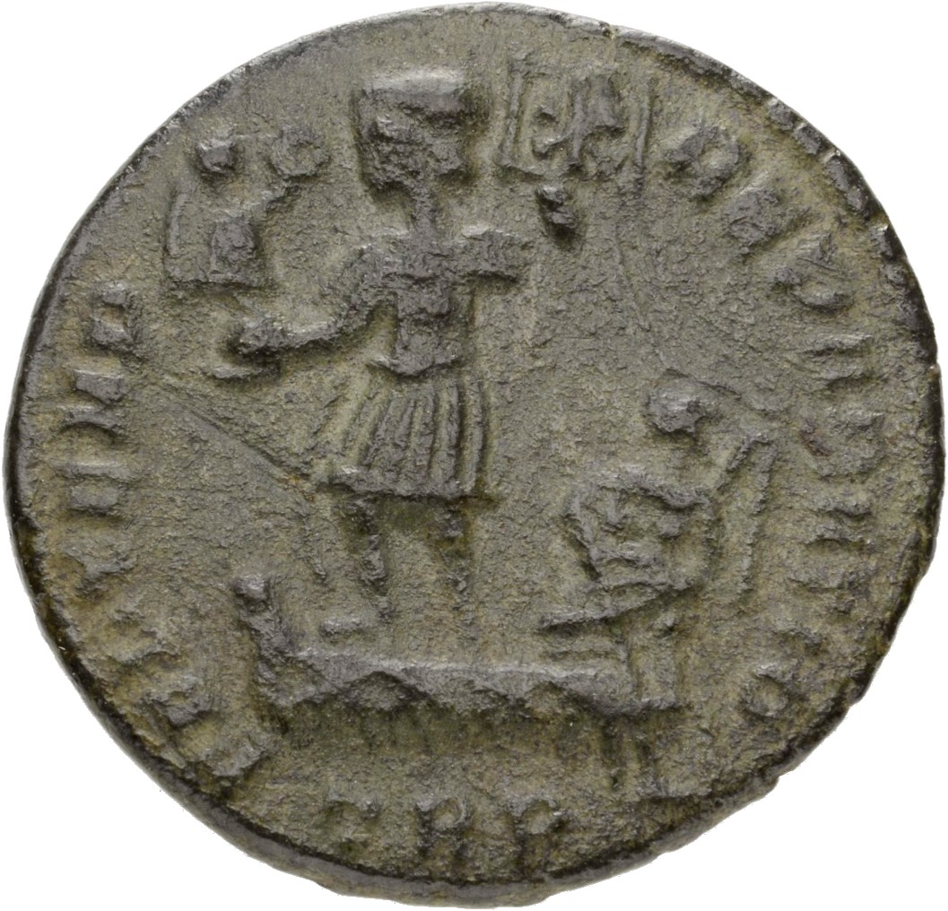 RIC VIII Treveri 219 Constans reverse, Constantius II, draped, cuirassed, standing left on galley, holding Victory on glob...