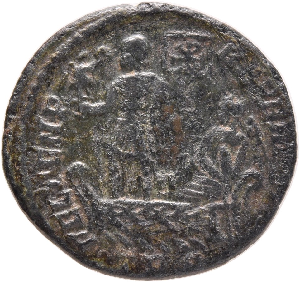 RIC VIII Treveri 219 Constans reverse, Constantius II, draped, cuirassed, standing left on galley, holding Victory on glob...