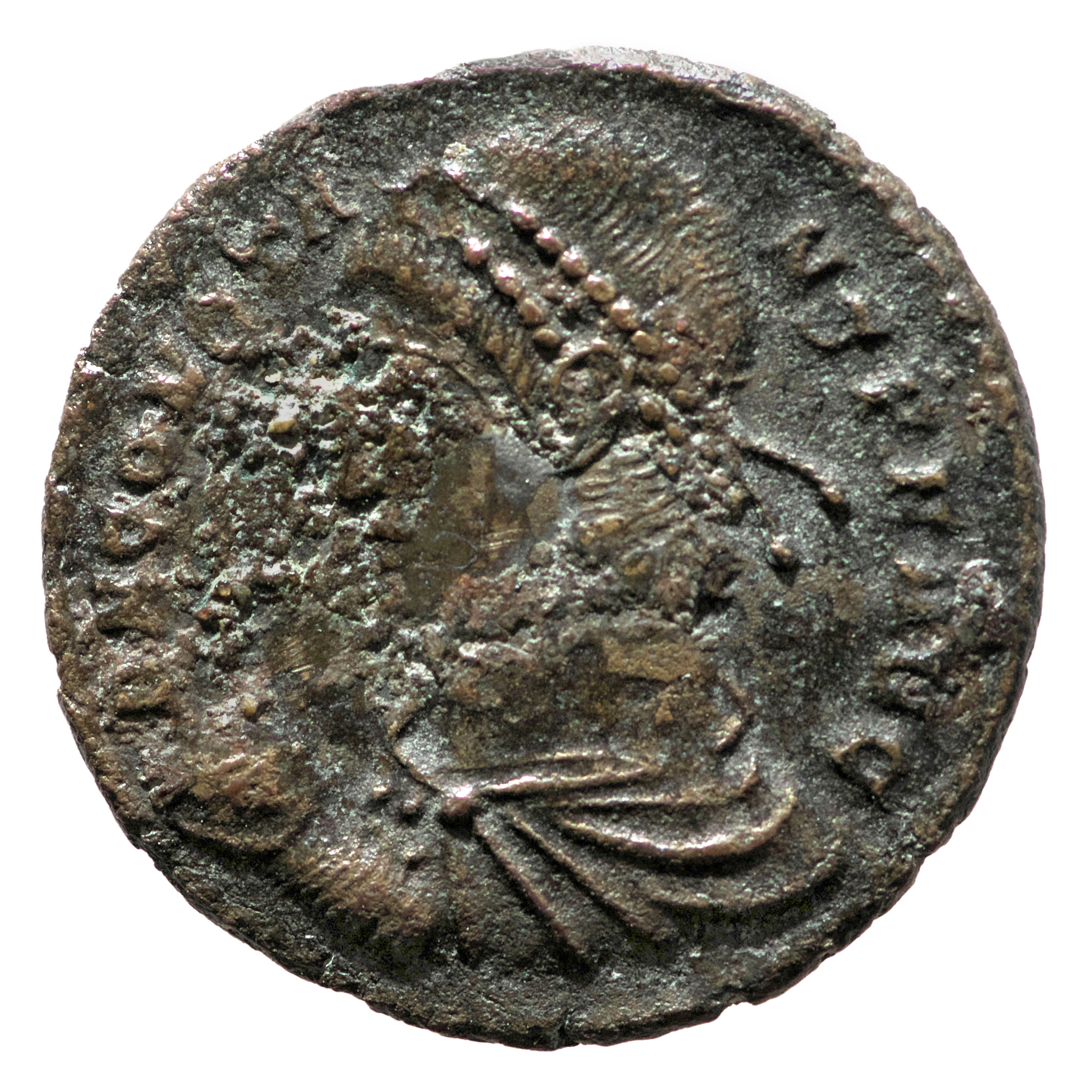 RIC VIII Treveri 221 Constans obverse, Bust of Constans, pearl-diademed, draped, cuirassed, left, holding globe in right hand