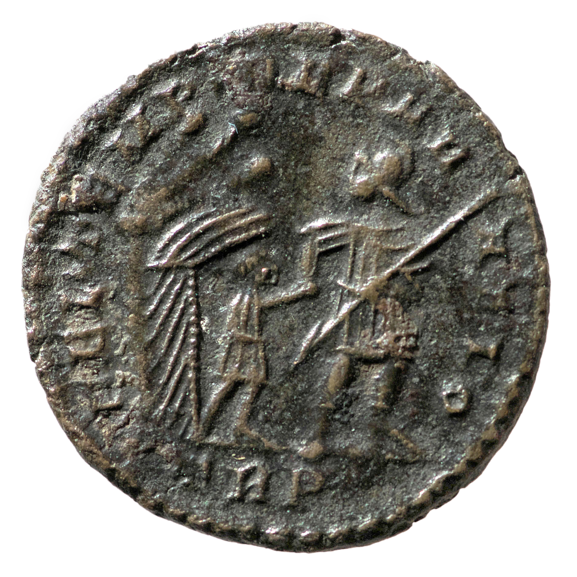 RIC VIII Treveri 221 Constans reverse — Soldier, helmeted, draped, cuirassed, advancing right, head left, leading small ba...