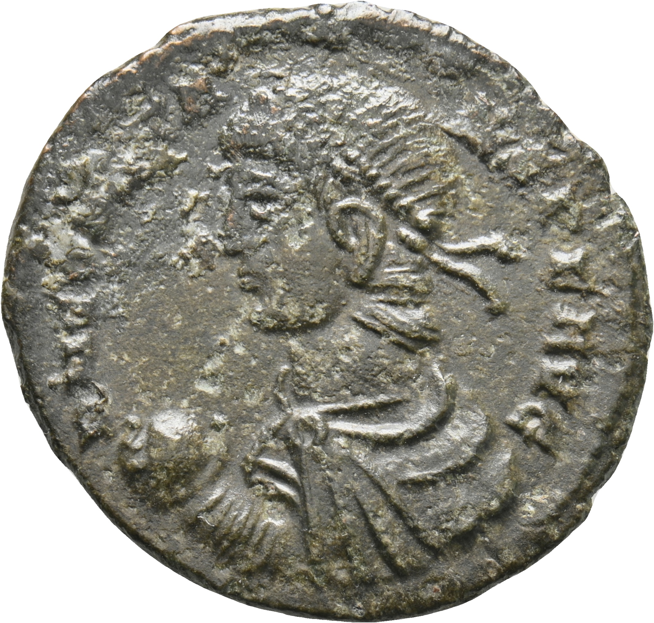 RIC VIII Treveri 223 Constans obverse, Bust of Constans, pearl-diademed, draped, cuirassed, left, holding globe in right hand