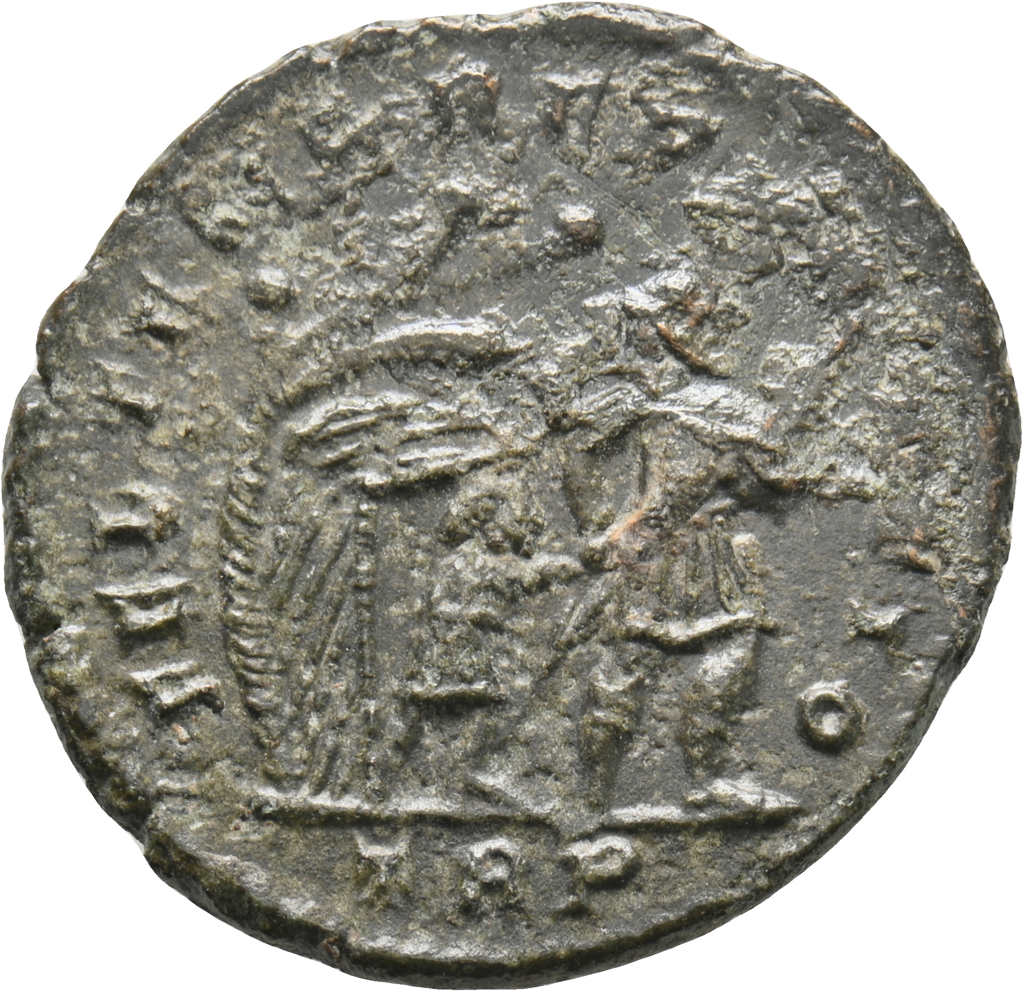 RIC VIII Treveri 223 Constans reverse, Soldier, helmeted, draped, cuirassed, advancing right, head left, leading small bar...