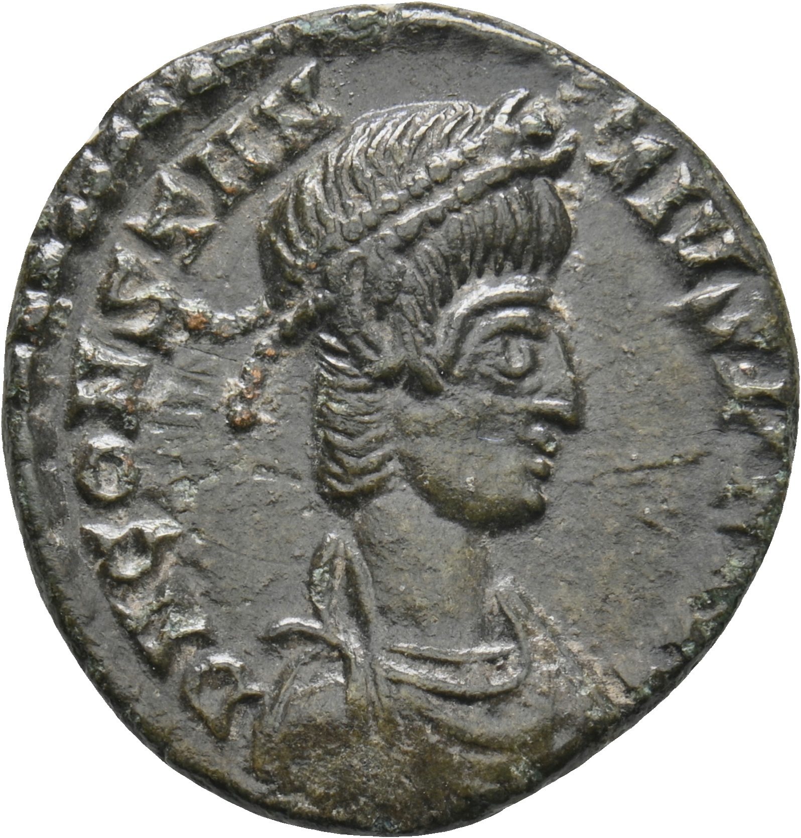 RIC VIII Treveri 227 Constans obverse, Bust of Constantius II, pearl-diademed, draped, cuirassed, right