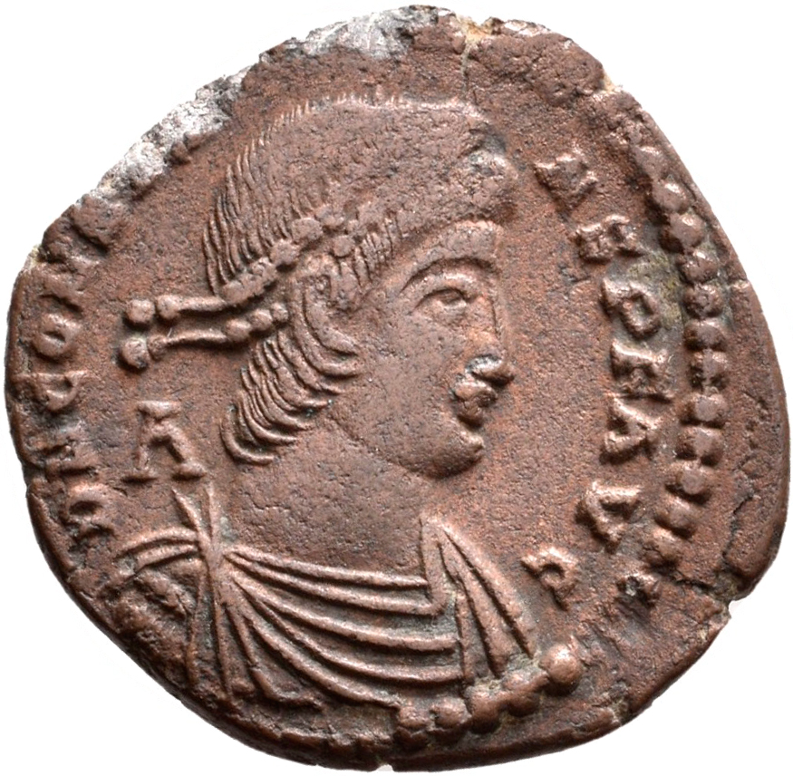 RIC VIII Treveri 243 Constans obverse, Bust of Constans, pearl-diademed, draped, cuirassed, right; A behind bust