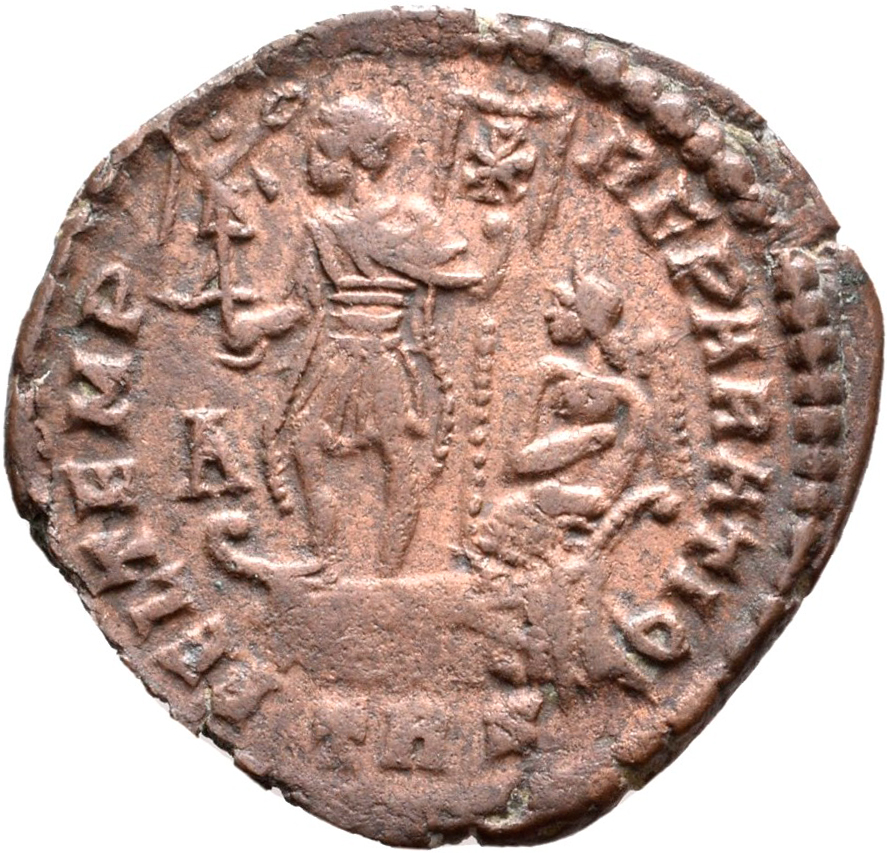 RIC VIII Treveri 243 Constans reverse, Constans, draped, cuirassed, standing left on galley, holding Victory on globe in r...