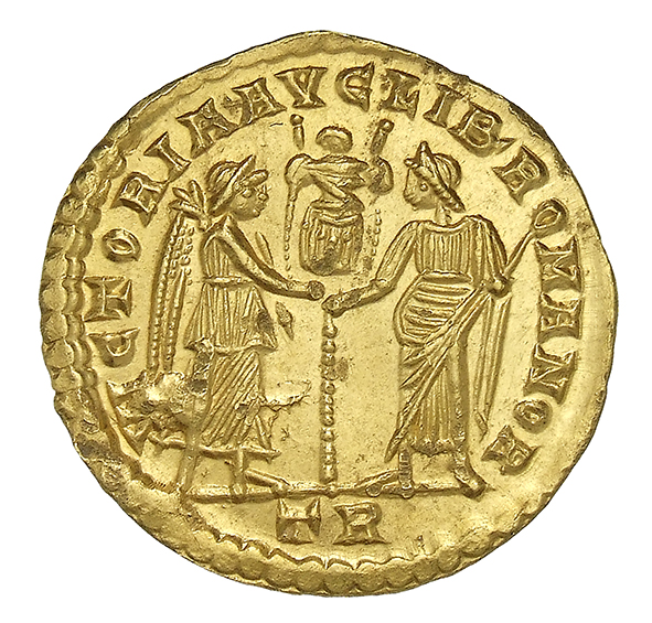 RIC VIII Treveri 247 Magnentius reverse, Victory, winged, draped, standing right, holding palm over left shoulder; Liberta...