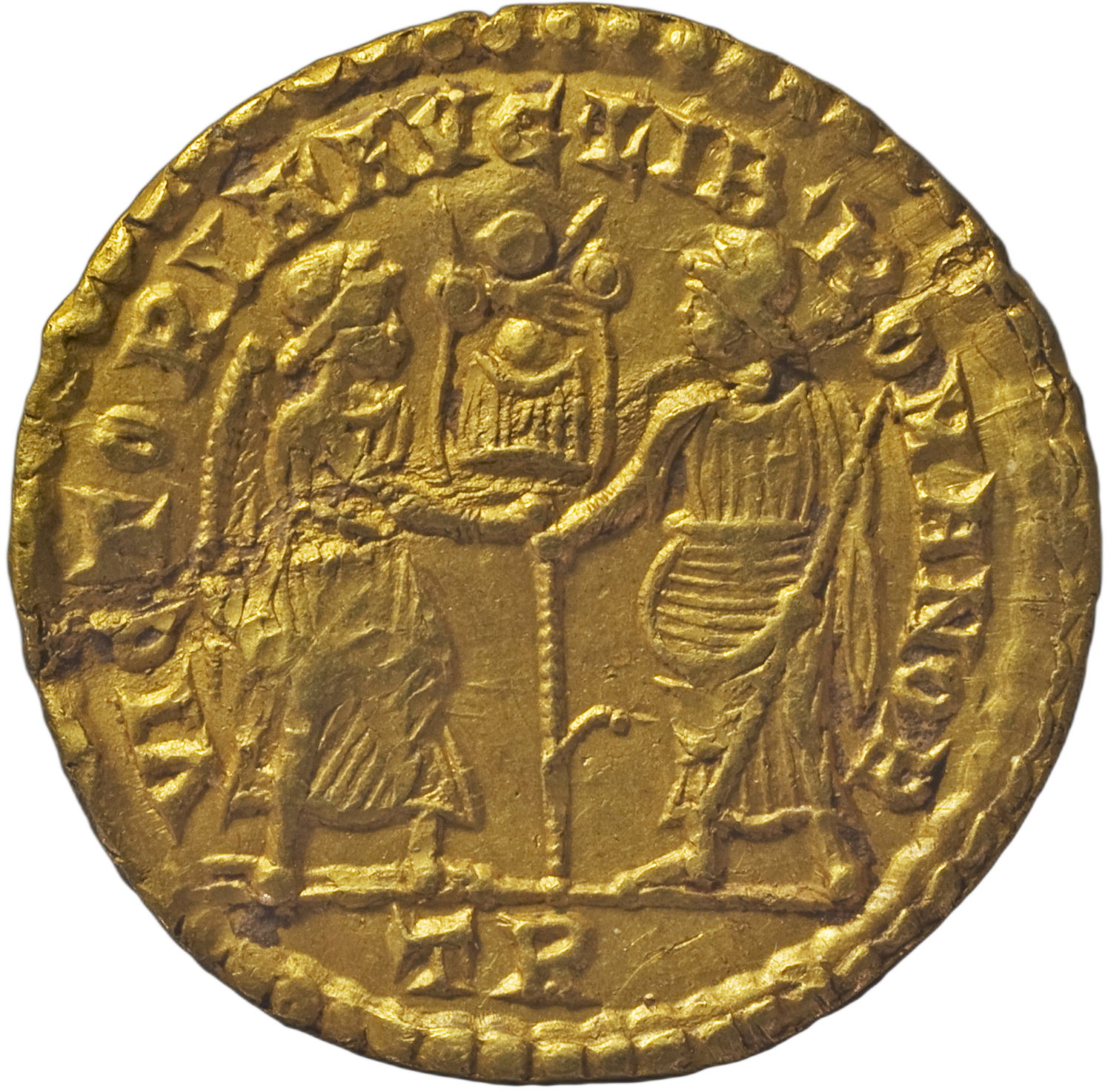 RIC VIII Treveri 253 Magnentius reverse, Victory, winged, draped, standing right, holding palm over left shoulder; Liberta...