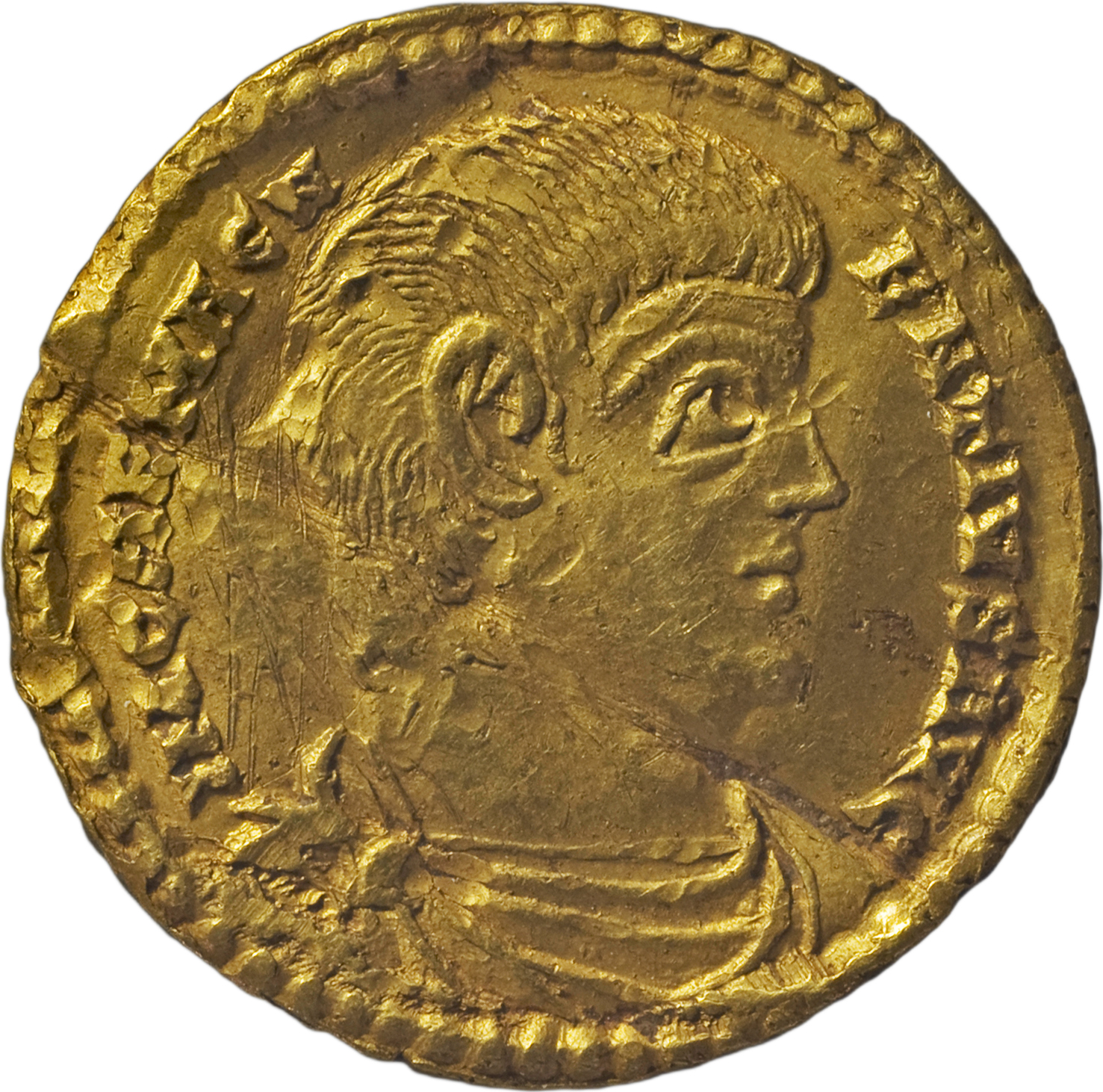 RIC VIII Treveri 253 Magnentius obverse, Bust of Magnentius, bareheaded, draped, cuirassed, right