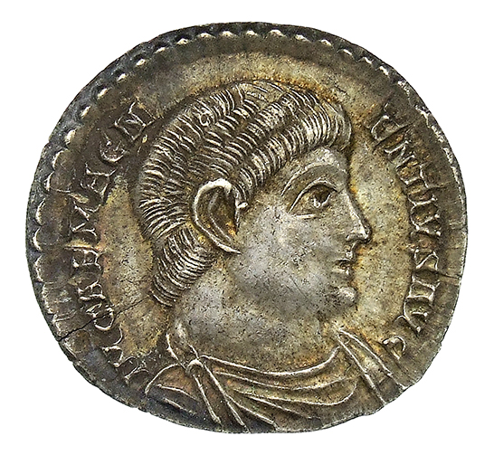 RIC VIII Treveri 256 Magnentius obverse, Bust of Magnentius, bareheaded, draped, cuirassed, right