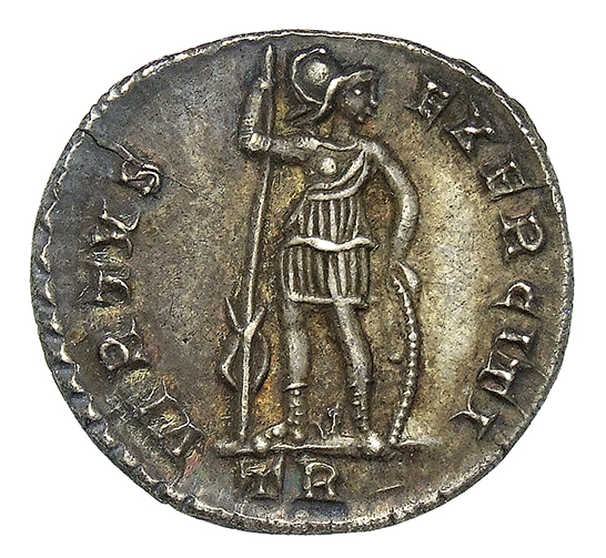 RIC VIII Treveri 256 Magnentius reverse, Soldier, helmeted, draped, cuirassed, standing front, head right, holding spear i...