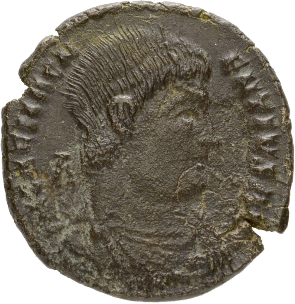 RIC VIII Treveri 260 Magnentius obverse, Bust of Magnentius, bareheaded, draped, cuirassed, right; A behind bust