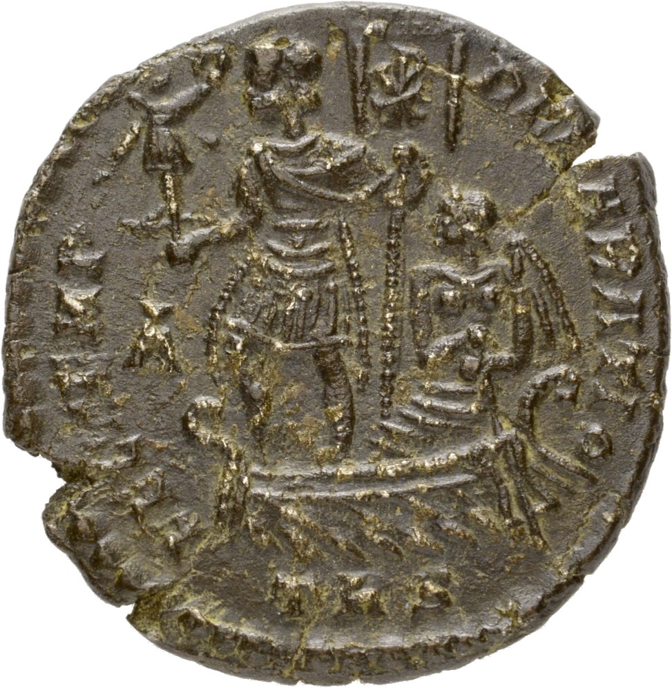 RIC VIII Treveri 260 Magnentius reverse, Magnentius, draped, cuirassed, standing left on galley, holding Victory on globe ...