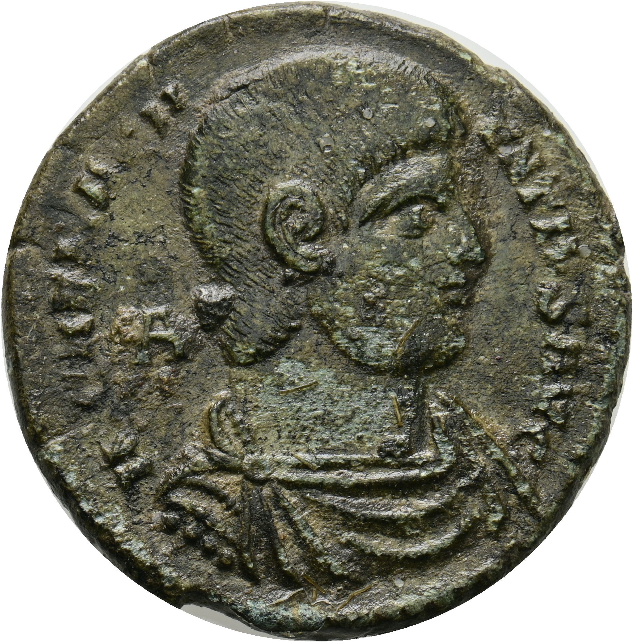 RIC VIII Treveri 260 Magnentius obverse, Bust of Magnentius, bareheaded, draped, cuirassed, right; A behind bust