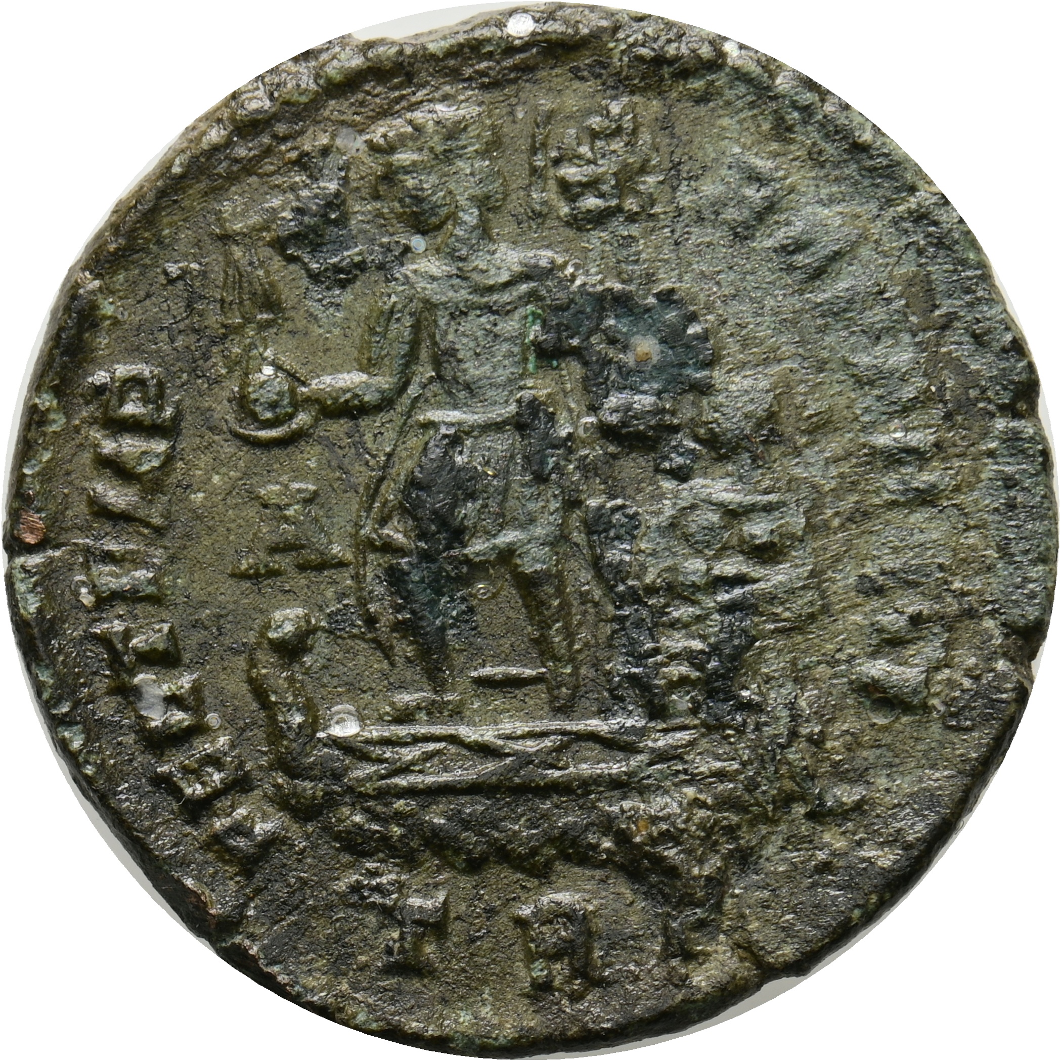 RIC VIII Treveri 260 Magnentius reverse, Magnentius, draped, cuirassed, standing left on galley, holding Victory on globe ...