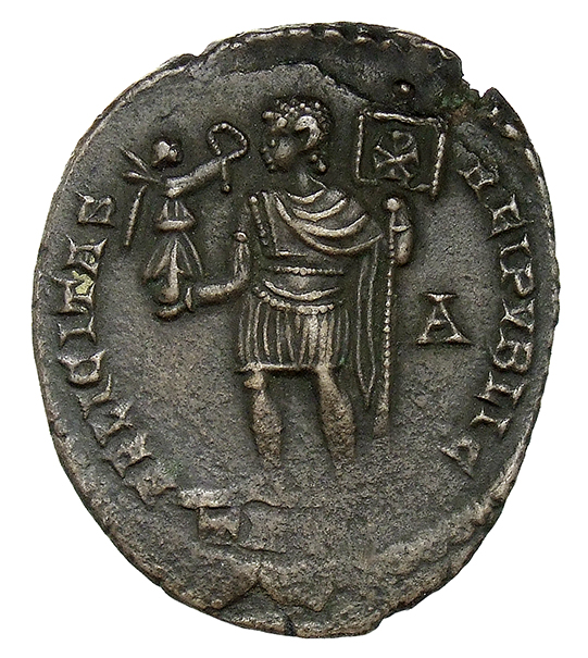 RIC VIII Treveri 264 Magnentius reverse, Magnentius, draped, cuirassed, standing left, holding Victory on globe in right h...