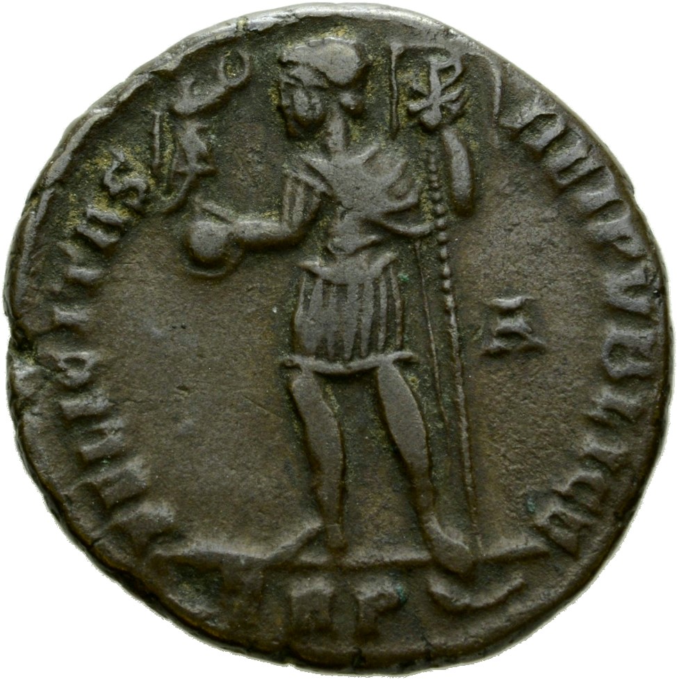 RIC VIII Treveri 266 Magnentius reverse, Magnentius, draped, cuirassed, standing left, holding Victory on globe in right h...